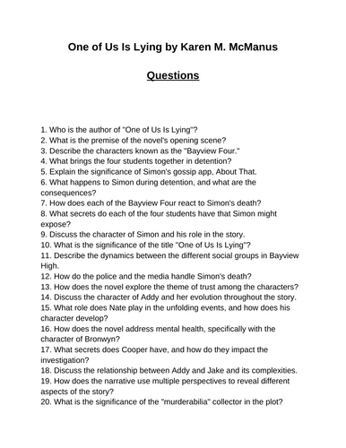 One of Us Is Lying. 40 Reading Comprehension Questions (Editable)