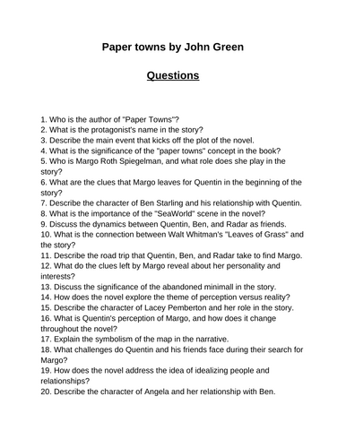 Paper towns. 40 Reading Comprehension Questions (Editable)