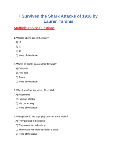 I Survived the Shark Attacks of 1916 : Multiple choice Questions - Test