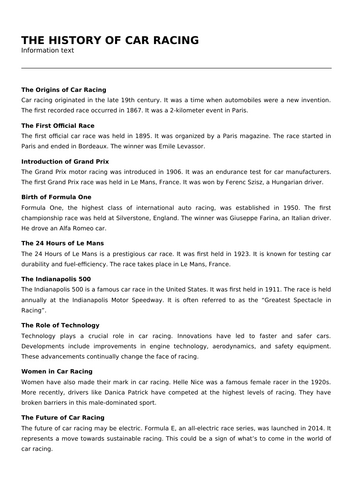 THE HISTORY OF CAR RACING (Infotext and Exercises) | Teaching Resources
