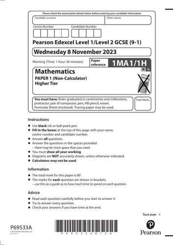 Edexcel GCSE Mathematics Paper 1 (Non-Calculator) Higher Tier November ...