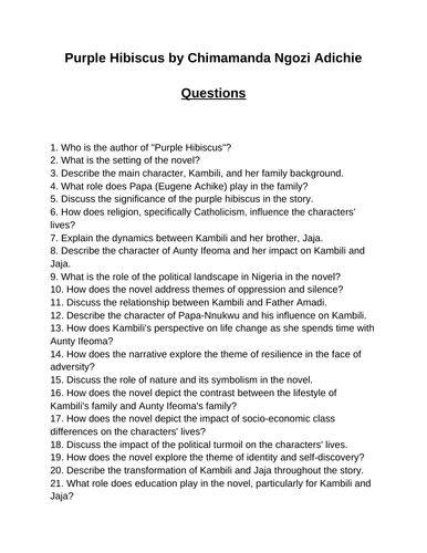 Purple Hibiscus. 40 Reading Comprehension Questions (Editable)