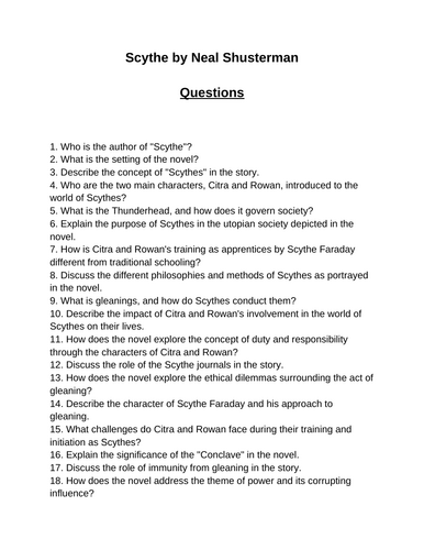 Scythe. 40 Reading Comprehension Questions (Editable)