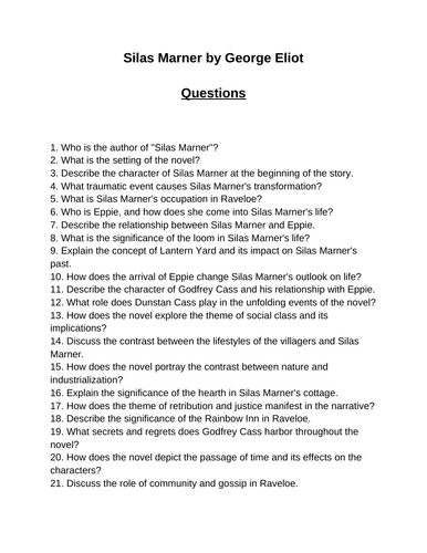 Silas Marner. 40 Reading Comprehension Questions (Editable)