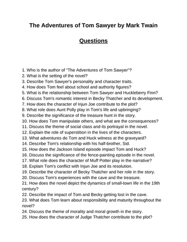 The Adventures of Tom Sawyer. 40 Reading Comprehension Questions (Editable)