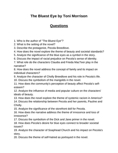 The Bluest Eye. 40 Reading Comprehension Questions (Editable)
