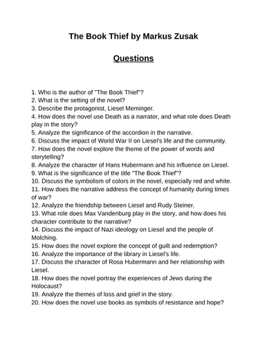 The Book Thief. 40 Reading Comprehension Questions (Editable)