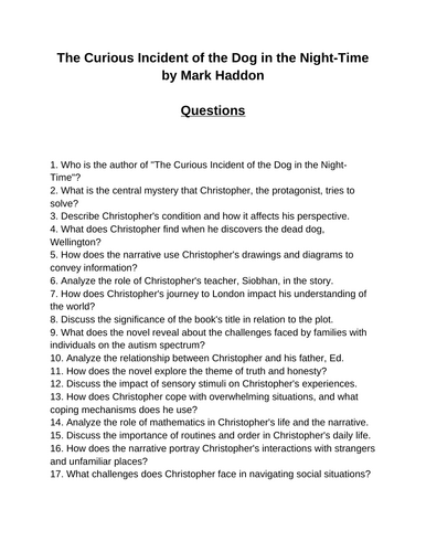 The Curious Incident of the Dog in the Night-Time. 40 Reading Comprehension Questions (Editable)