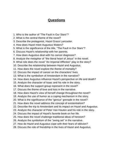 The Fault in Our Stars. 40 Reading Comprehension Questions (Editable)