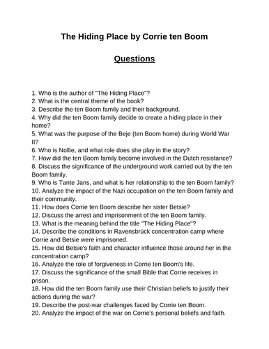 The Hiding Place. Reading Comprehension Questions, Multiple-choice ...