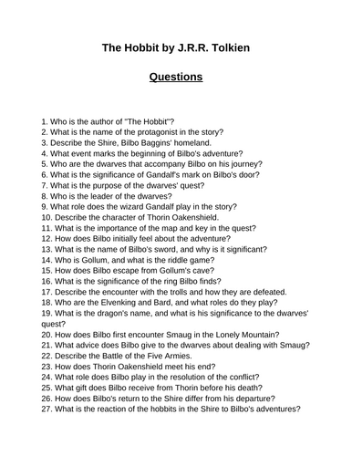 The Hobbit. Reading Comprehension Questions, Multiple-choice questions ...