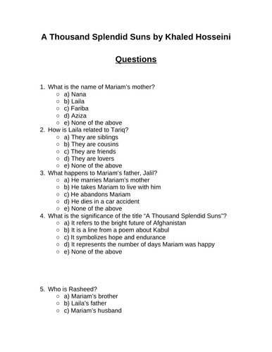 A Thousand Splendid Suns. 30 multiple-choice questions (Editable)