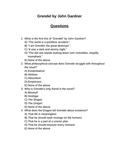 Grendel Reading Comprehension Questions Multiple Choice Questions Teaching Resources