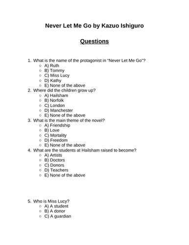 Never Let Me Go. 30 multiple-choice questions (Editable)