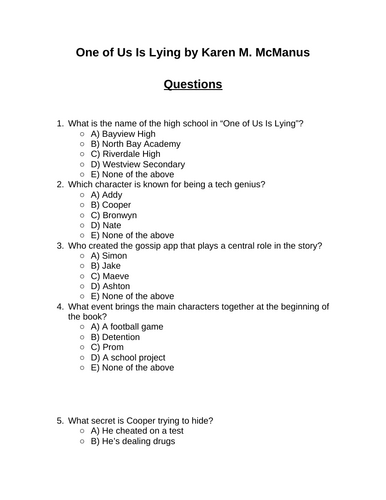 One of Us Is Lying. 30 multiple-choice questions (Editable)