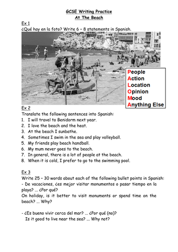 GCSE Spanish (AQA) Writing Worksheets Theme 2 Topic 4: Travel & Tourism (Holidays)