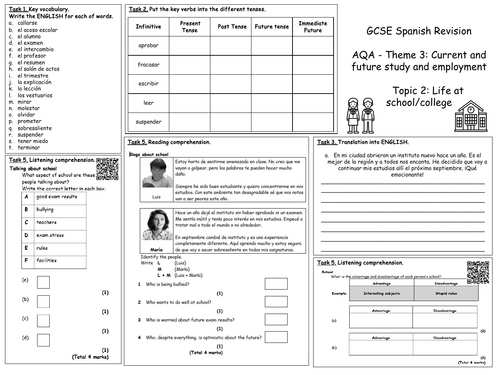 GCSE Spanish (AQA 2018) Theme 3 Topic 2 Life At School Revision Mat