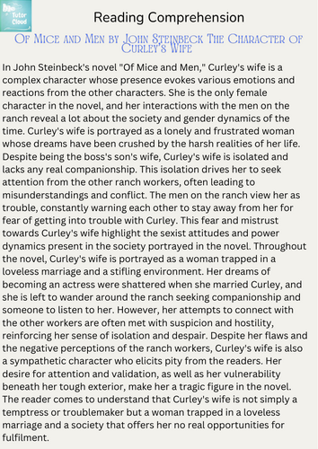 Of Mice and Men by John Steinbeck: The Character of Curley's Wife – Reading Comprehension