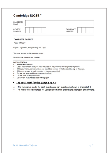 IGCSE Computer Science Exams with answer paper 1 and 2 combine ...