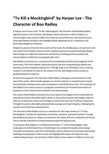 To Kill a Mockingbird by Harper Lee - The Character of Boo Radley