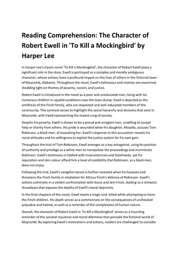 Reading Comprehension: The Character of Robert Ewell in 'To Kill a Mockingbird' by Harper Lee