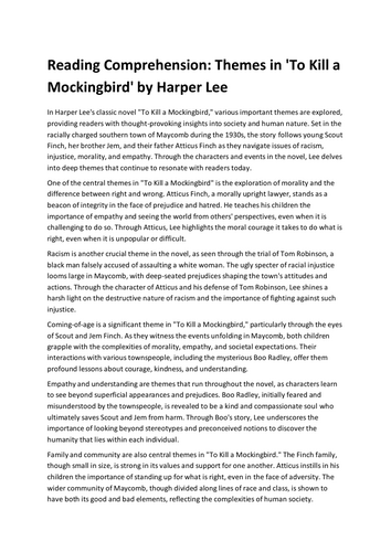 Reading Comprehension: Themes in 'To Kill a Mockingbird' by Harper Lee