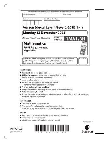 Edexcel GCSE Mathematics Paper 3 (Calculator) Higher Tier November 2023 ...