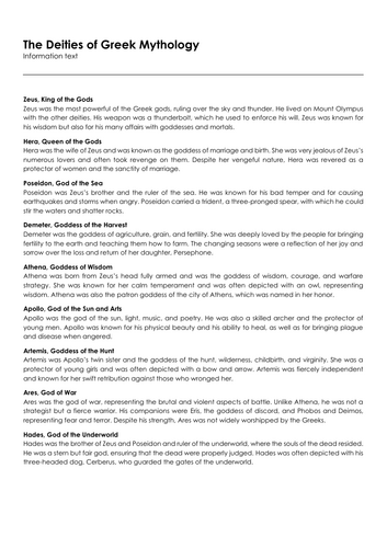 The Deities of Greek Mythology (Infotext and Exercises) | Teaching ...