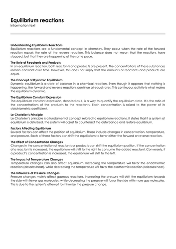 Equilibrium reactions (Infotext and Exercises) | Teaching Resources