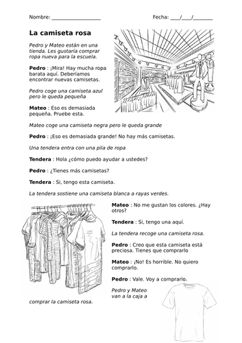 'La camiseta rosa' spanish beginner comprehension story worksheet ...
