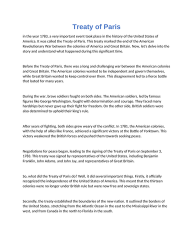 Treaty of Paris : Reading Comprehension Questions With Answers - Quiz ...