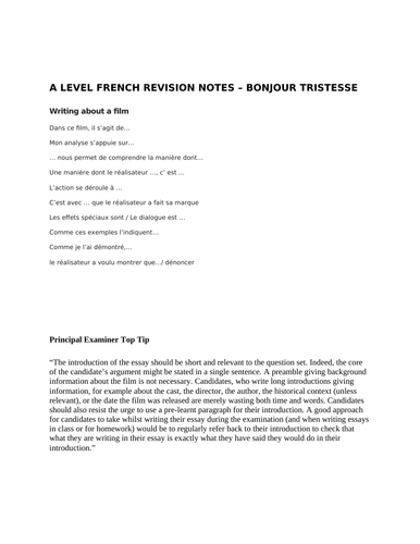 Mock Exam Questions: Bonjour Tristesse: A Level French | Teaching Resources