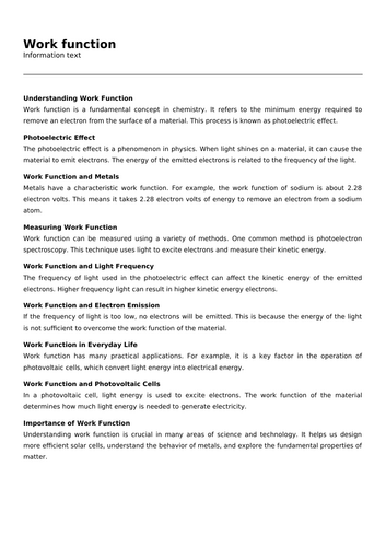 Work function (Infotext and Exercises) | Teaching Resources
