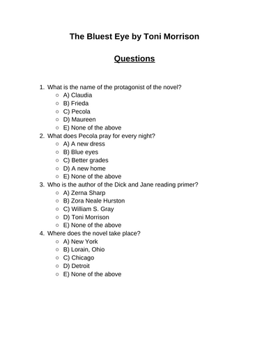 The Bluest Eye. 30 multiple-choice questions (Editable)