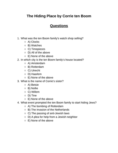 The Hiding Place. 30 multiple-choice questions (Editable)