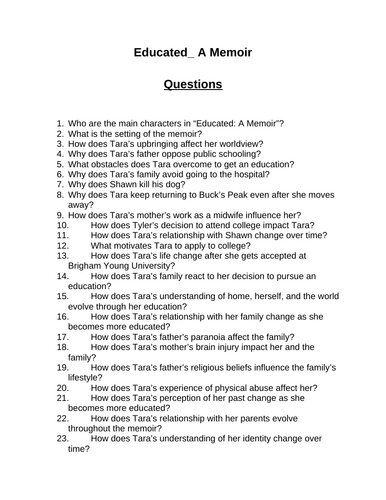 Educated_ A Memoir. 40 Reading Comprehension Questions (Editable)