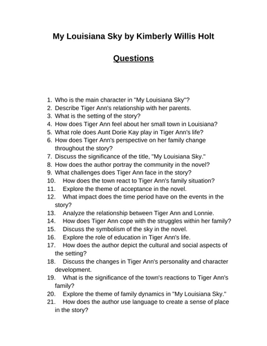 My Louisiana Sky. 40 Reading Comprehension Questions (Editable)