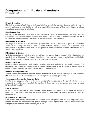 Comparison of mitosis and meiosis | Teaching Resources