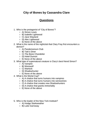 City of Bones. 30 multiple-choice questions (Editable)