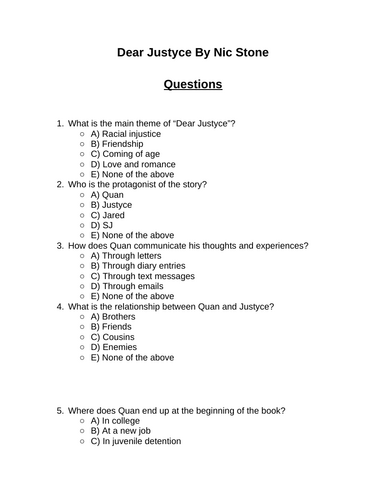 Dear Justyce. 30 multiple-choice questions (Editable)