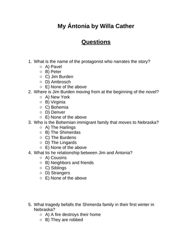 My Ántonia. 30 multiple-choice questions (Editable)