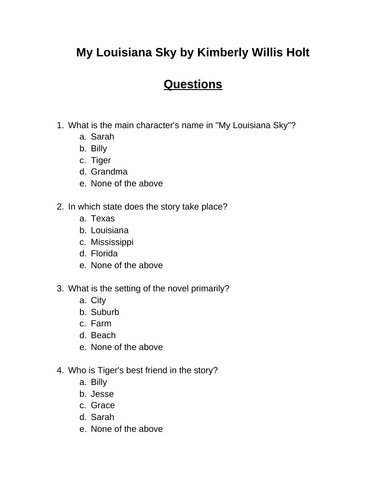 My Louisiana Sky. 30 multiple-choice questions (Editable)