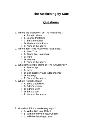 The Awakening. 30 multiple-choice questions (Editable)