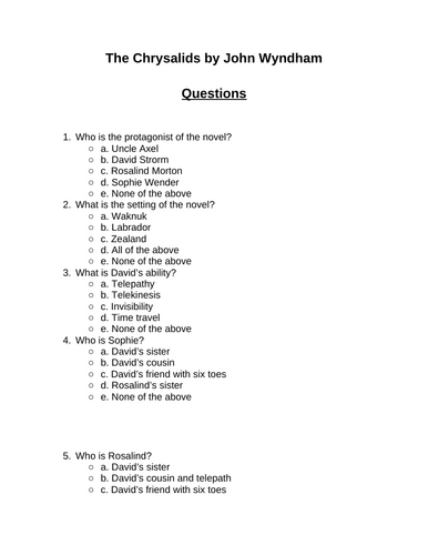 The Chrysalids. 30 multiple-choice questions (Editable)