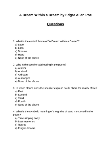 A Dream Within a Dream. 30 multiple-choice questions (Editable)