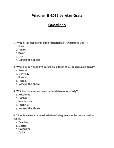 Prisoner B-3087. 30 multiple-choice questions (Editable)