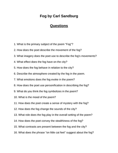 Fog by Carl Sandburg. 40 Reading Comprehension Questions (Editable)