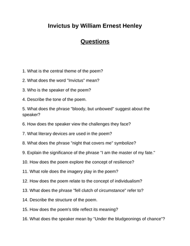 Invictus. 40 Reading Comprehension Questions (Editable)