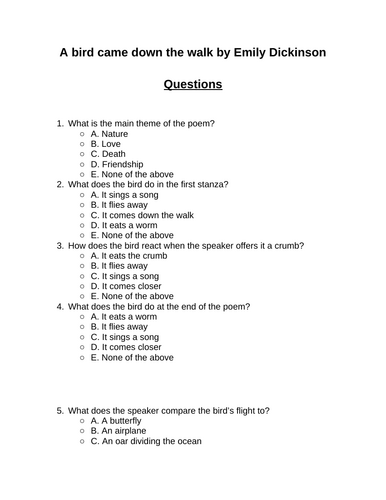 A bird came down the walk. 30 multiple-choice questions (Editable)