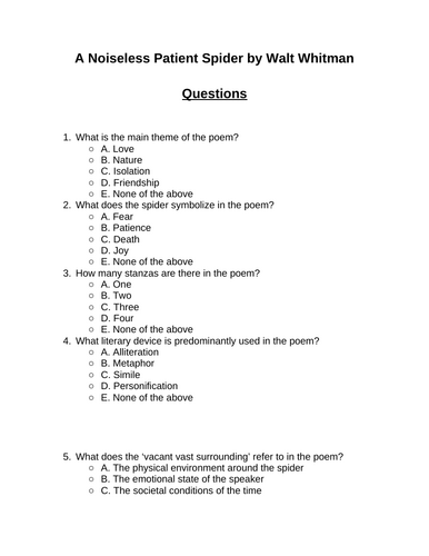 A Noiseless Patient Spider. 30 multiple-choice questions (Editable)